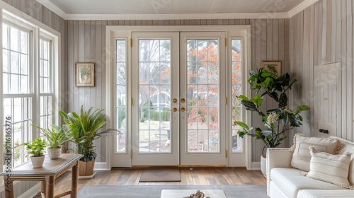 Wooden walls, white French doors, light grey wood paneling, cream window frames, plants, coffee table near entrance, sunroom interior, front door view.