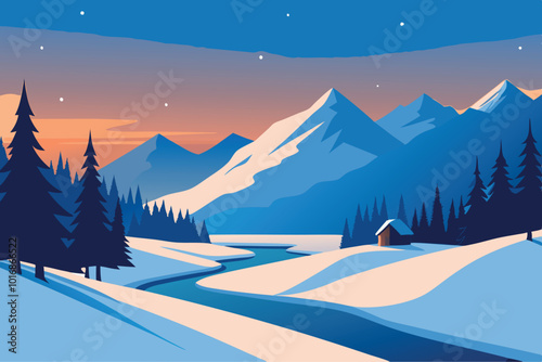 Landscape of a winter frozen river, snowy mountains and forest trees