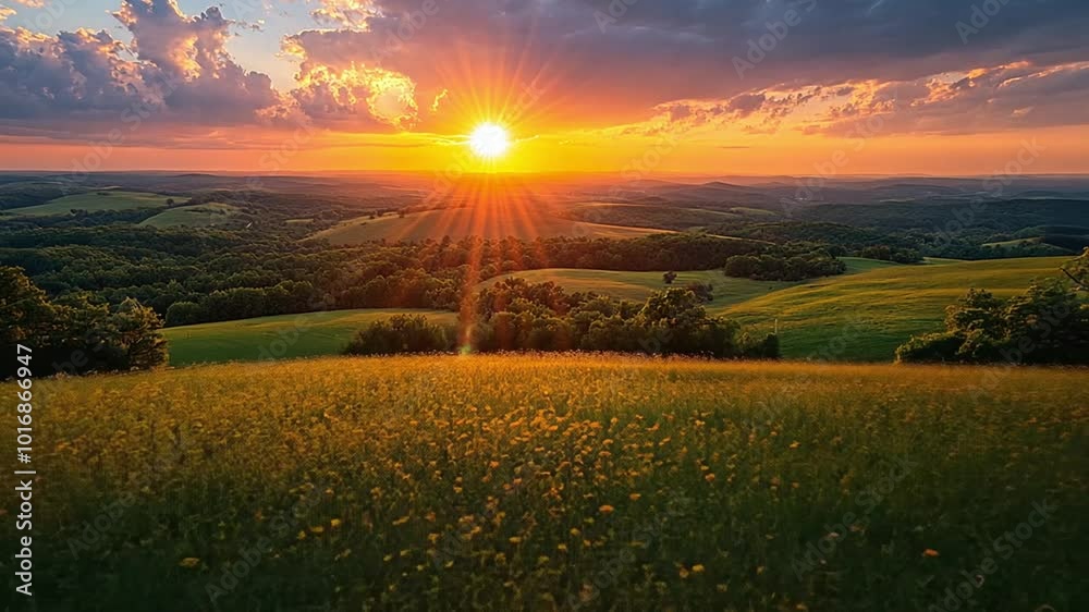 A vibrant sunset over rolling hills adorned with wildflowers and a rustic log footage