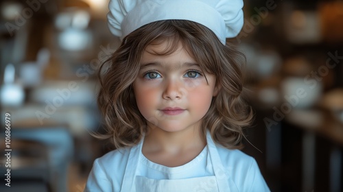 Young boy wearing a chef's hat and apron stands in front of a kitchen counter. He is looking at the camera