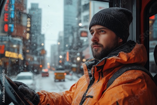 Man is driving a truck with a black hat on. He is looking at the camera. The truck is parked in a parking lot. Urban bus driver navigating city streets, public transportation in busy downtown concept