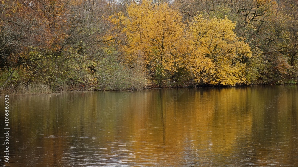 Autumn reflections on a tranquil lake surrounded by vibrant golden foliage Autumn reflections on a tranquil lake surrounded by vibrant golden foliage