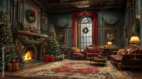 Luxurious Victorian style room decorated for the Christmas holiday season featuring a roaring fireplace lush Christmas tree ornate furnishings and a cozy festive atmosphere