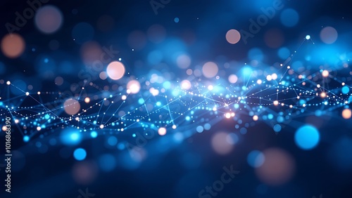 abstract bokeh, blue glowing particles, depth of field, magical atmosphere, shimmering lights, ethereal background, microscopic view, digital art, futuristic, galaxy-like, sparkling.