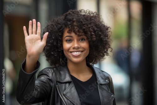 Happy black female waving smile adult architecture.