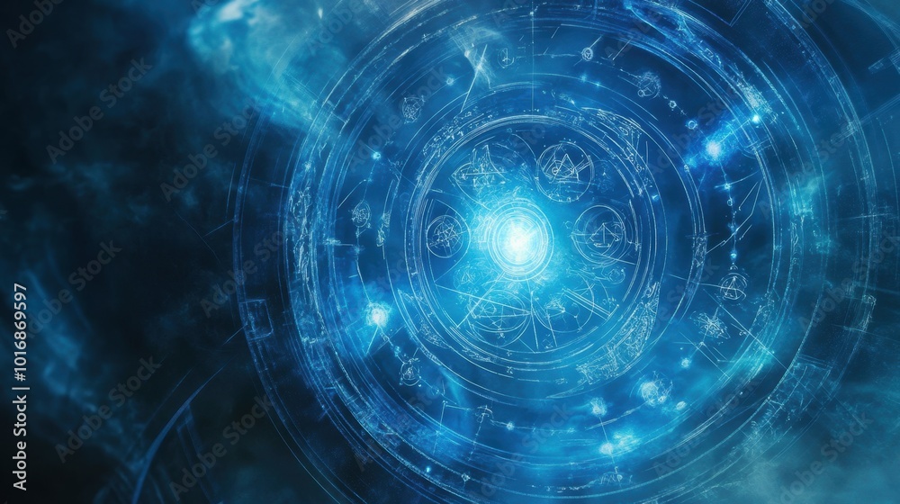Fototapeta premium Mystical circle filled with astrological symbols and celestial diagrams, blue ethereal glow