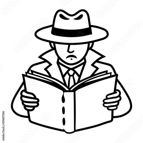A person reading a mystery book, a drawing style icon 