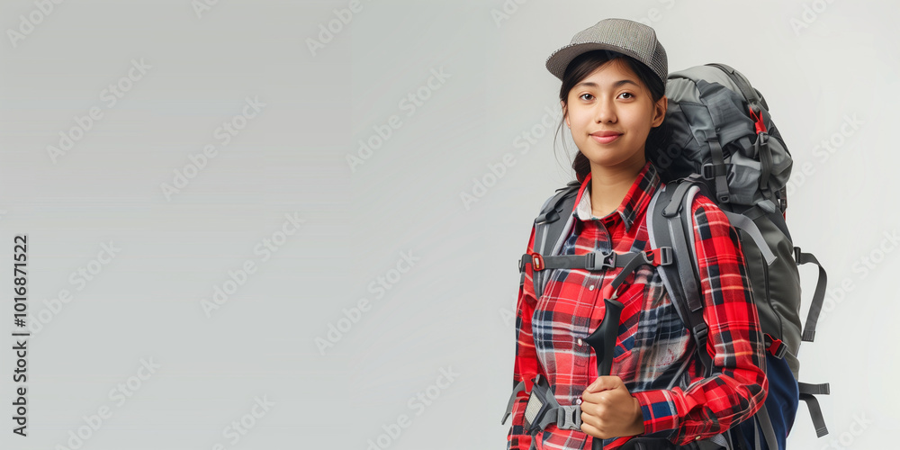 Fototapeta premium Young Woman Ready for Adventure with Backpack and Cap in Outdoor Setting