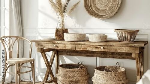 Wooden table with wicker baskets and a chair photo