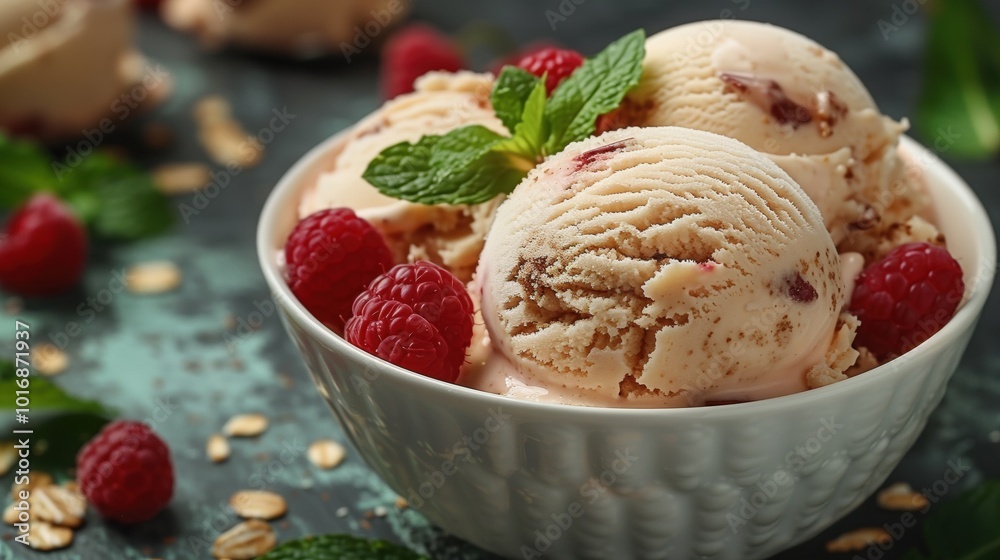 Indulge in Delicious Raspberry Swirled Ice Cream, garnished with Fresh Berries that delight Indulge in Delicious Raspberry Swirled Ice Cream, garnished with Fresh Berries that delight