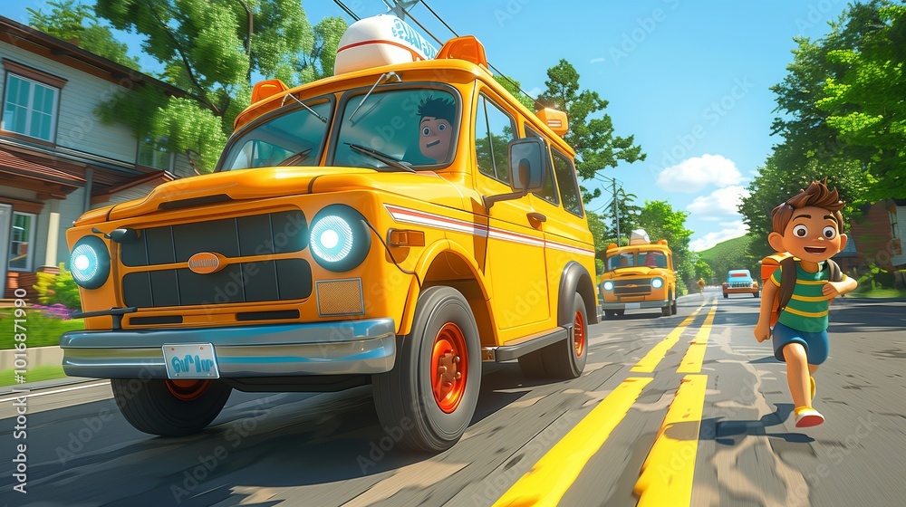 Obraz premium Children Enjoying a Joyful Ride in Bright Yellow School Buses on a Sunny Neighborhood Street