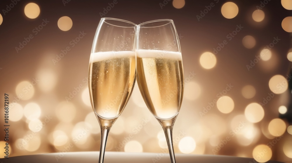 Two champagne glasses against a festive lights background. Two champagne glasses against a festive lights background.