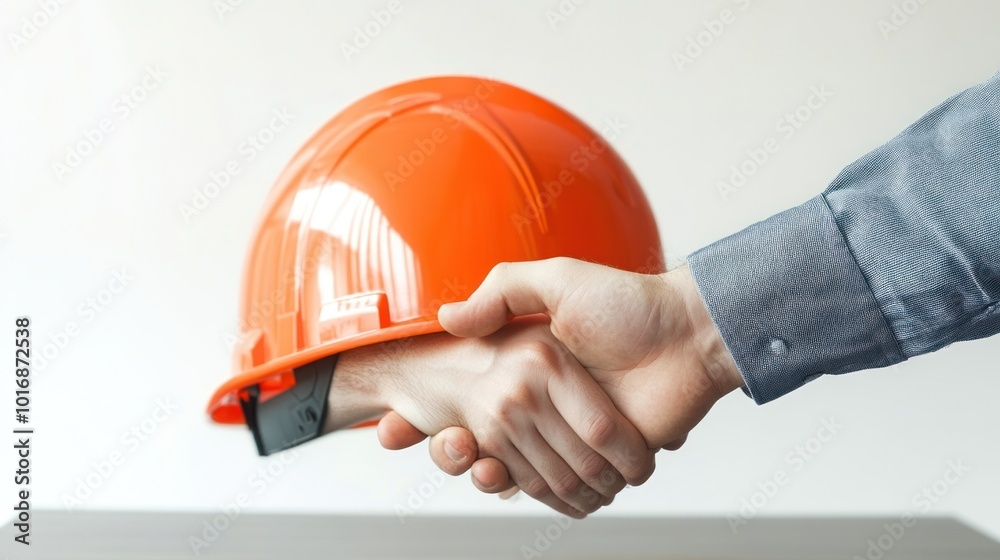 Two construction workers shaking hands at office desk with yellow helmet and blueprints on it, blurred background concept of cooperation, agreement, tolerance and common goals Two construction workers shaking hands at office desk with yellow helmet and blueprints on it, blurred background concept of cooperation, agreement, tolerance and common goals