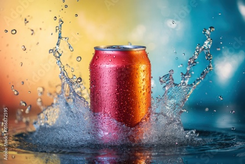 Vibrant Soda Can with Dramatic Splash Effect