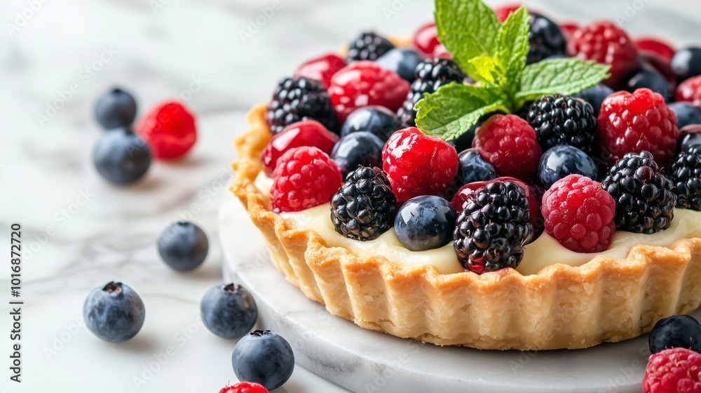 A beautifully decorated fruit tart on a marble counter, with vibrant berries and mint leaves arranged on top of the pastry. A beautifully decorated fruit tart on a marble counter, with vibrant berries and mint leaves arranged on top of the pastry.
