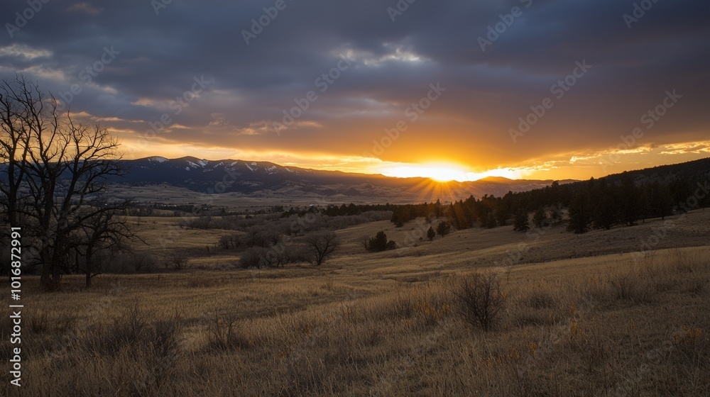 A tranquil sunset over rolling hills and sparse trees in a serene landscape A tranquil sunset over rolling hills and sparse trees in a serene landscape