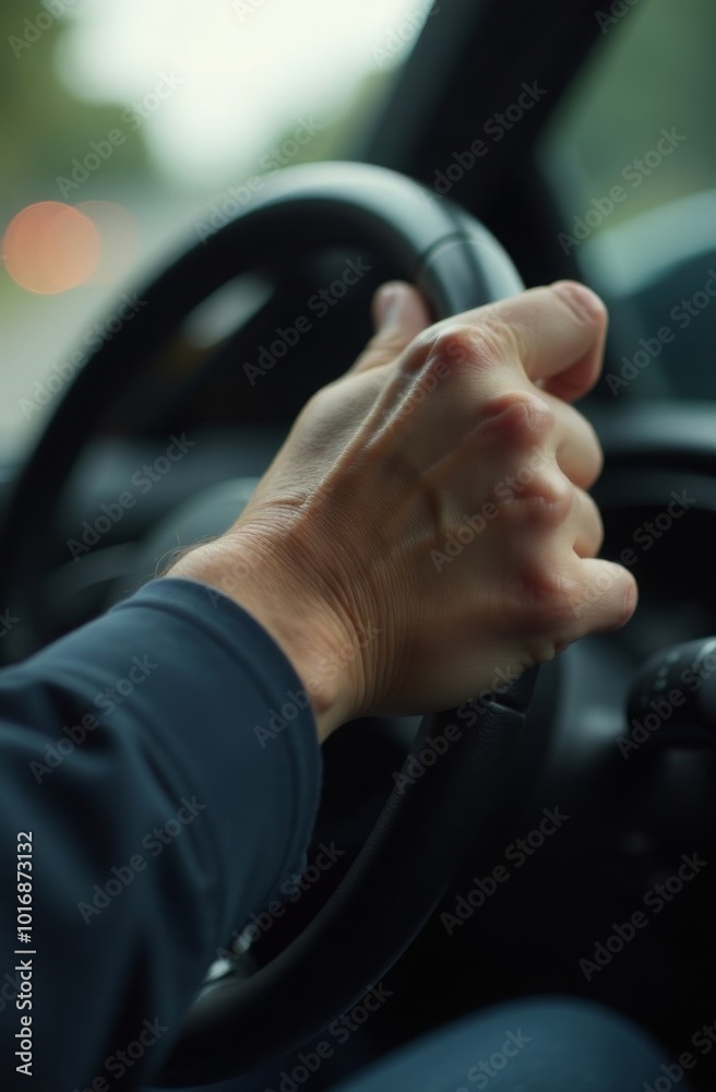 Man driving a car, holding the steering wheel with both hands.

