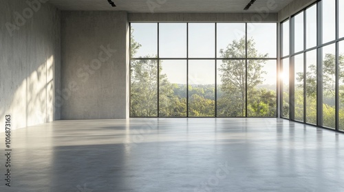 Modern loft style empty space interior 3d render,There are polished concrete floor ,wall and ceiling,There are large window look out to see the nature view,sunlight shining into the room