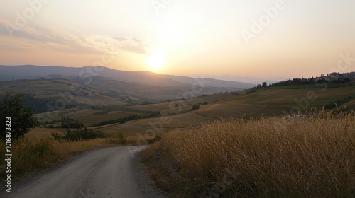 Serene sunset view over rolling hills and golden fields in the Italian countryside