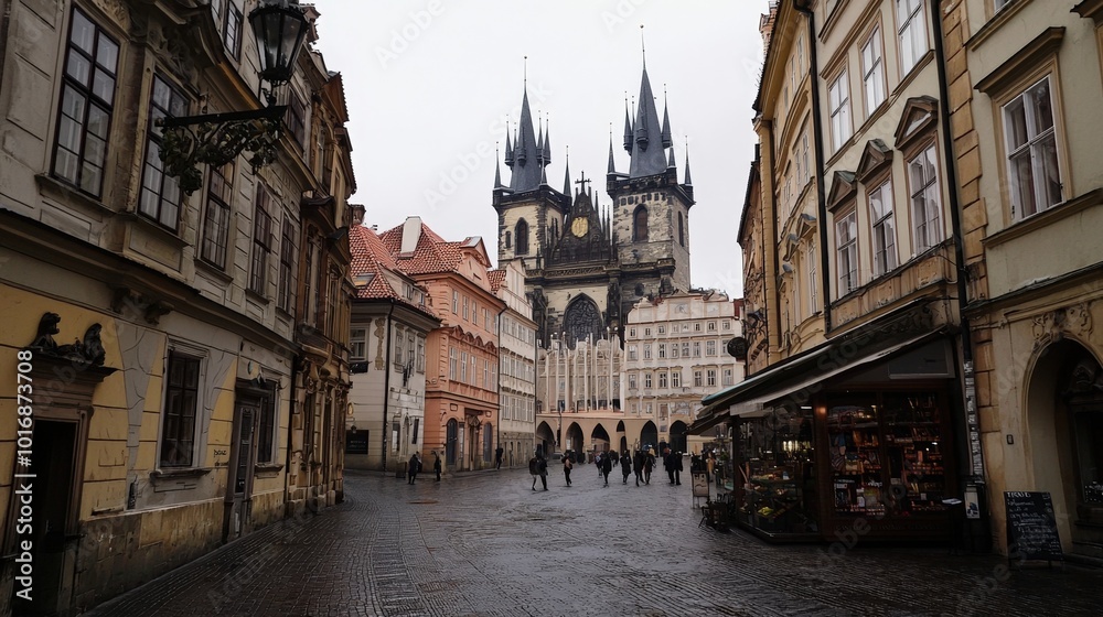 Charming cobblestone streets of Prague lead to the magnificent Gothic spires at dusk Charming cobblestone streets of Prague lead to the magnificent Gothic spires at dusk