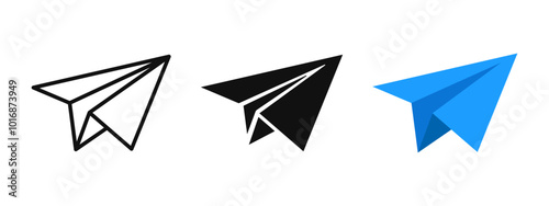 Paper plane icon. Send message button. Blue paper plane logo. E-mail, letter or telegram vector illustration. Mail sign. Flight origami. Travel pictogram. Online chat concept.