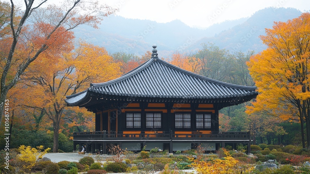 Serene autumn landscape with traditional temple surrounded by vibrant fall foliage Serene autumn landscape with traditional temple surrounded by vibrant fall foliage