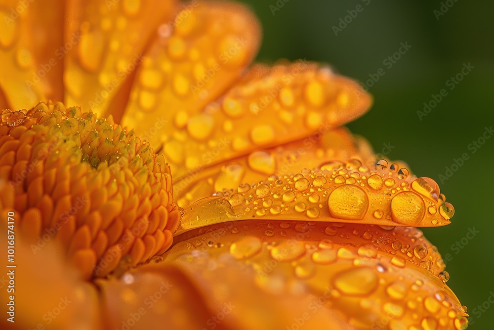 High Resolution Macro Shot of Dew-Covered Cempasuchil Marigold Petal - Detailed Vibrant Orange Flower