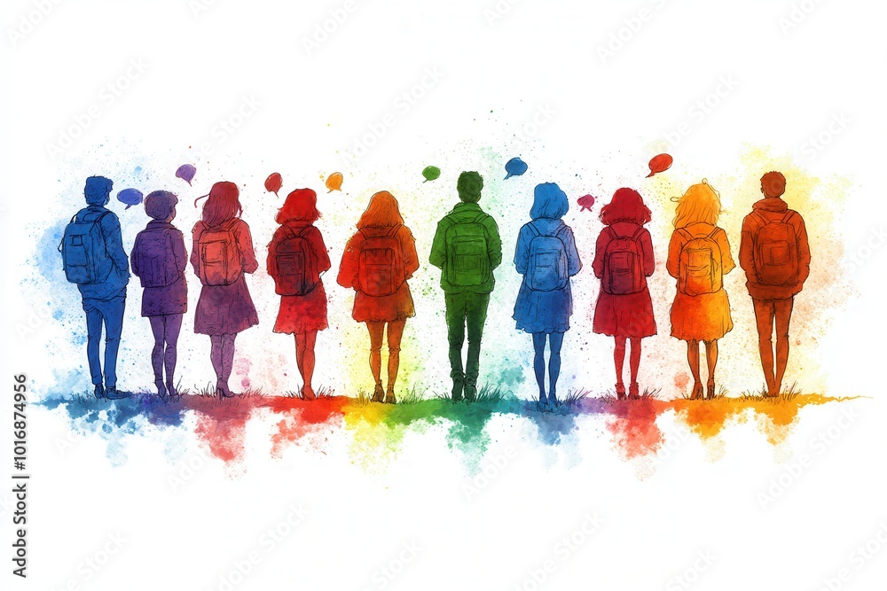 Obraz premium A vibrant watercolor illustration depicts a group of students with backpacks in rainbow colors, symbolizing diversity, youth, and unity amongst young people embracing education.
