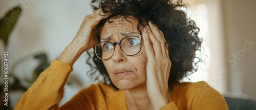 Portrait of a worried confused woman with curly hair and glasses representing the cognitive symptoms associated with hyperparathyroidism a medical condition affecting the parathyroid glands photo