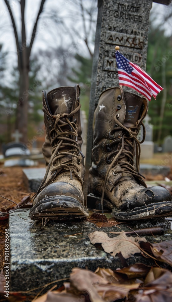 Military Boots and Memorial Gravestone with American Flag: Tribute to a ...