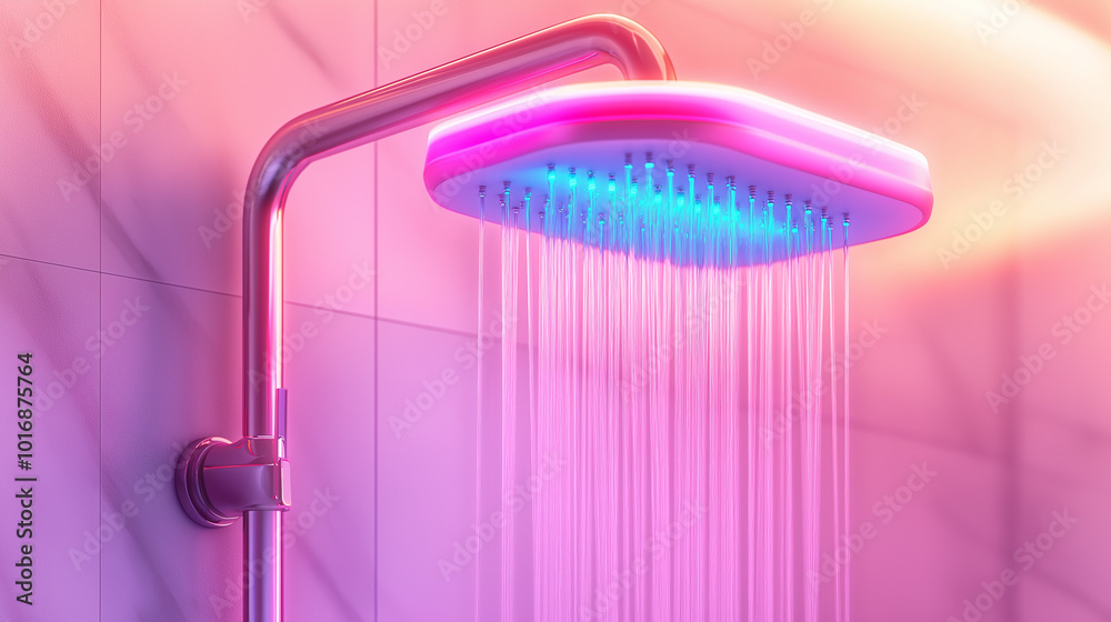 Modern shower head with flowing water in vibrant neon lighting, luxurious bathroom design and futuristic shower experience, pink and purple tones Modern shower head with flowing water in vibrant neon lighting, luxurious bathroom design and futuristic shower experience, pink and purple tones