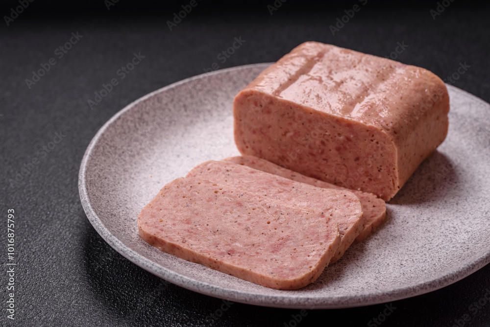 Delicious canned pink spiced ham or spam with salt, spices and herbs