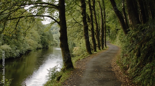 Serene riverside path lined with trees under soft sunlight in a tranquil setting