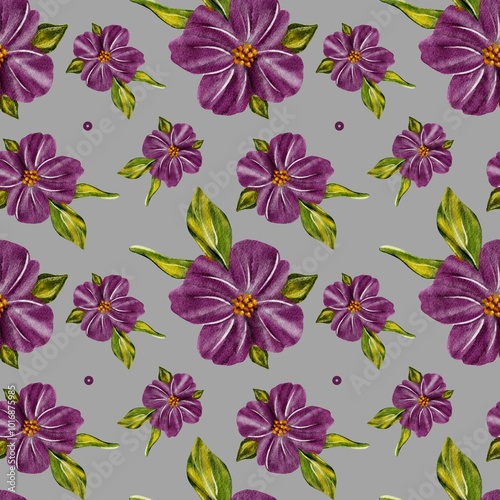 Vibrant purple flowers with green leaves on a soft gray background in a beautiful floral pattern