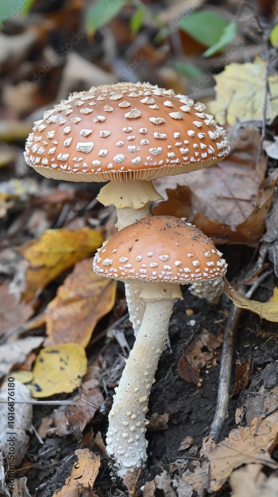 Magical mushrooms emerge from a forest floor covered in autumn leaves Magical mushrooms emerge from a forest floor covered in autumn leaves