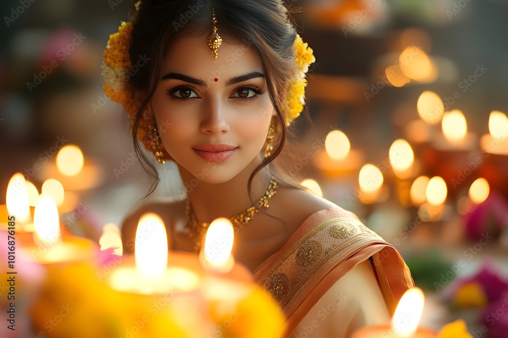 Golden Light Portrait  Beautiful Woman in Silk Saree and Candles