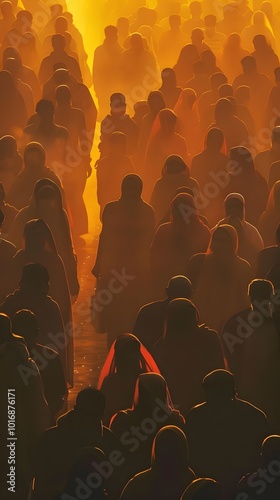 Golden Hour Silhouette: A Crowd Gathered for Kumbh Mela