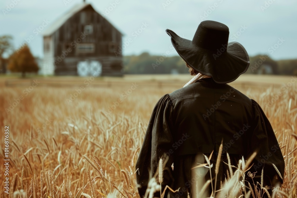 Pilgrim Man in Wheat Field Near Barn Reflecting Early American Agricultural Spirit Pilgrim Man in Wheat Field Near Barn Reflecting Early American Agricultural Spirit