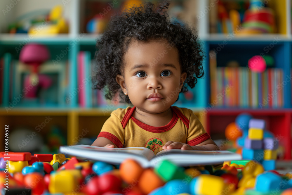Curious toddler in a playroom. A delightful photo showcasing a young child exploring a book amidst colorful toys, conveying curiosity and playfulness. For educational and childcarerelated content Curious toddler in a playroom. A delightful photo showcasing a young child exploring a book amidst colorful toys, conveying curiosity and playfulness. For educational and childcarerelated content