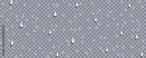 Rain transparent drops flow down the glass.Realistic wet condensation texture.Fresh water splash effect on the surface.Liquid spreading droplet shapes.