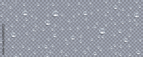 Rain transparent drops flow down the glass.Realistic wet condensation texture.Fresh water splash effect on the surface.Liquid spreading droplet shapes.