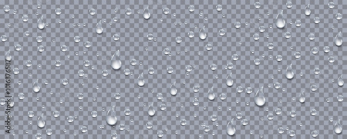 Rain transparent drops flow down the glass.Realistic wet condensation texture.Fresh water splash effect on the surface.Liquid spreading droplet shapes.