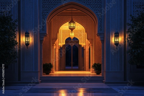 Elegant Archway Illuminated by Lanterns at Night
