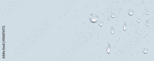 Rain transparent drops flow down the glass.Realistic wet condensation texture.Fresh water splash effect on the surface.Liquid spreading droplet shapes.