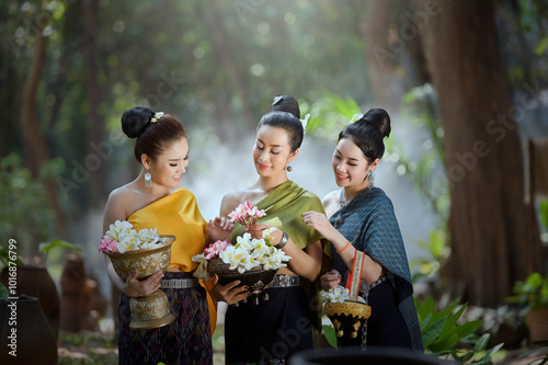 Three smiling young woman in traditional Lao clothing holding bowls of fresh flowers, Laos photo