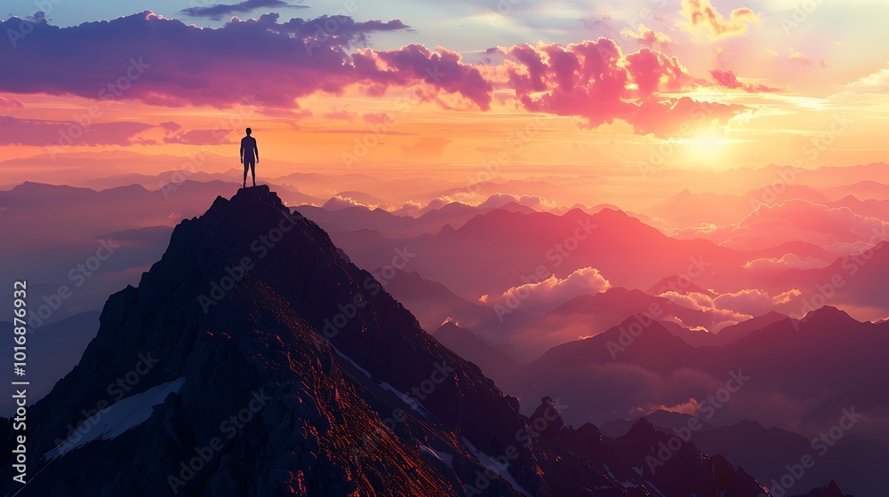 Man on top of a mountain at sunset Man on top of a mountain at sunset