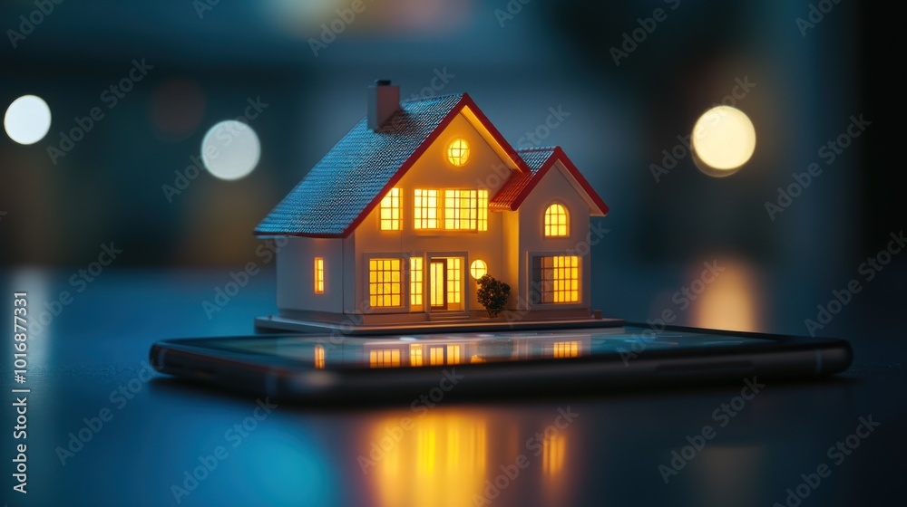 A miniature illuminated house on a smartphone, symbolizing modern technology and home. A miniature illuminated house on a smartphone, symbolizing modern technology and home.