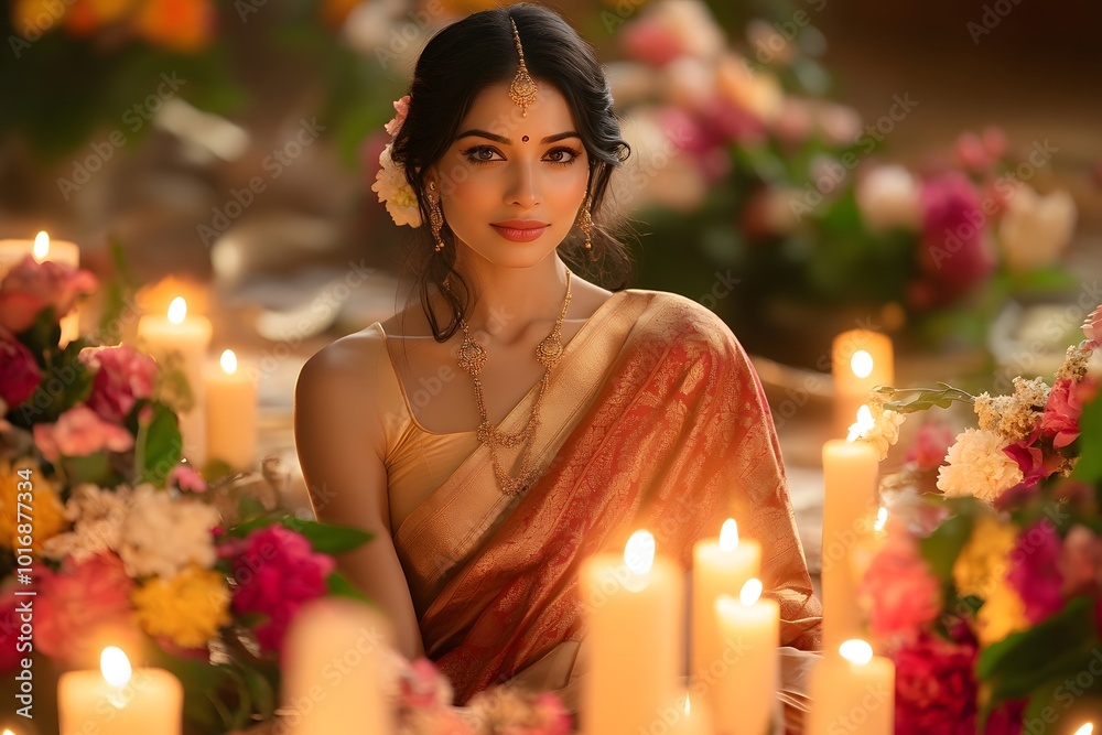 Indian Woman in Red Sari with Delicate Gold Earrings by Candlelight Indian Woman in Red Sari with Delicate Gold Earrings by Candlelight