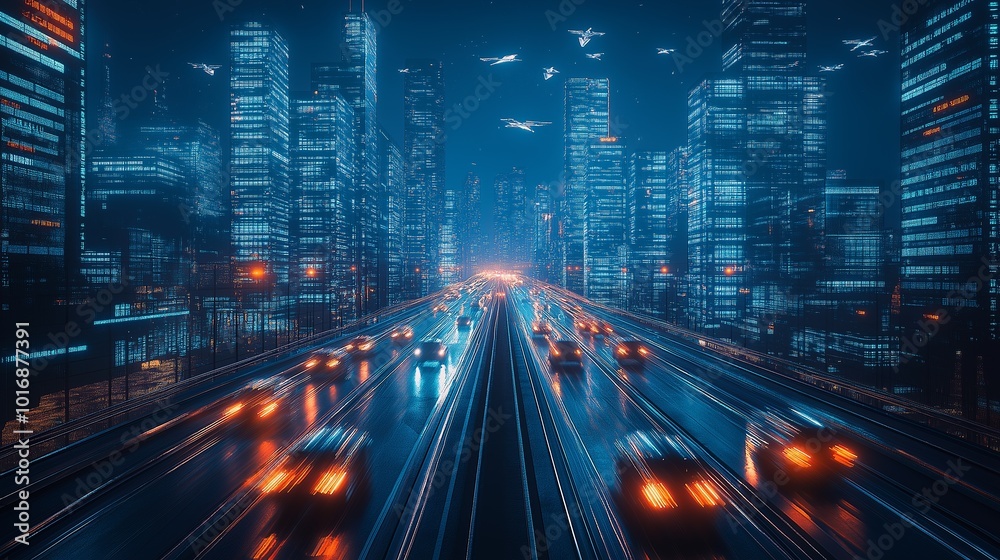Futuristic cityscape at night with illuminated skyscrapers and busy highway, showcasing modern urban life and transportation dynamics