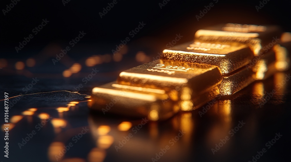 Gold bars displayed with glowing chart in the background Gold bars displayed with glowing chart in the background